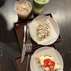 One Bite Cafe - Matcha Latte,chocolate matcha latte, Fresh Strawberry Croffle, Black Sesame Croffle