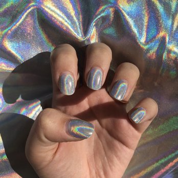 Bella Nails Lenexa - White dip powder with holographic gel on top! - Nail Salons Near Me - Lenexa, Kansas