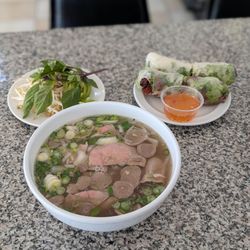 iPho - Beef flank and beef balls pho, and grilled pork fresh rolls