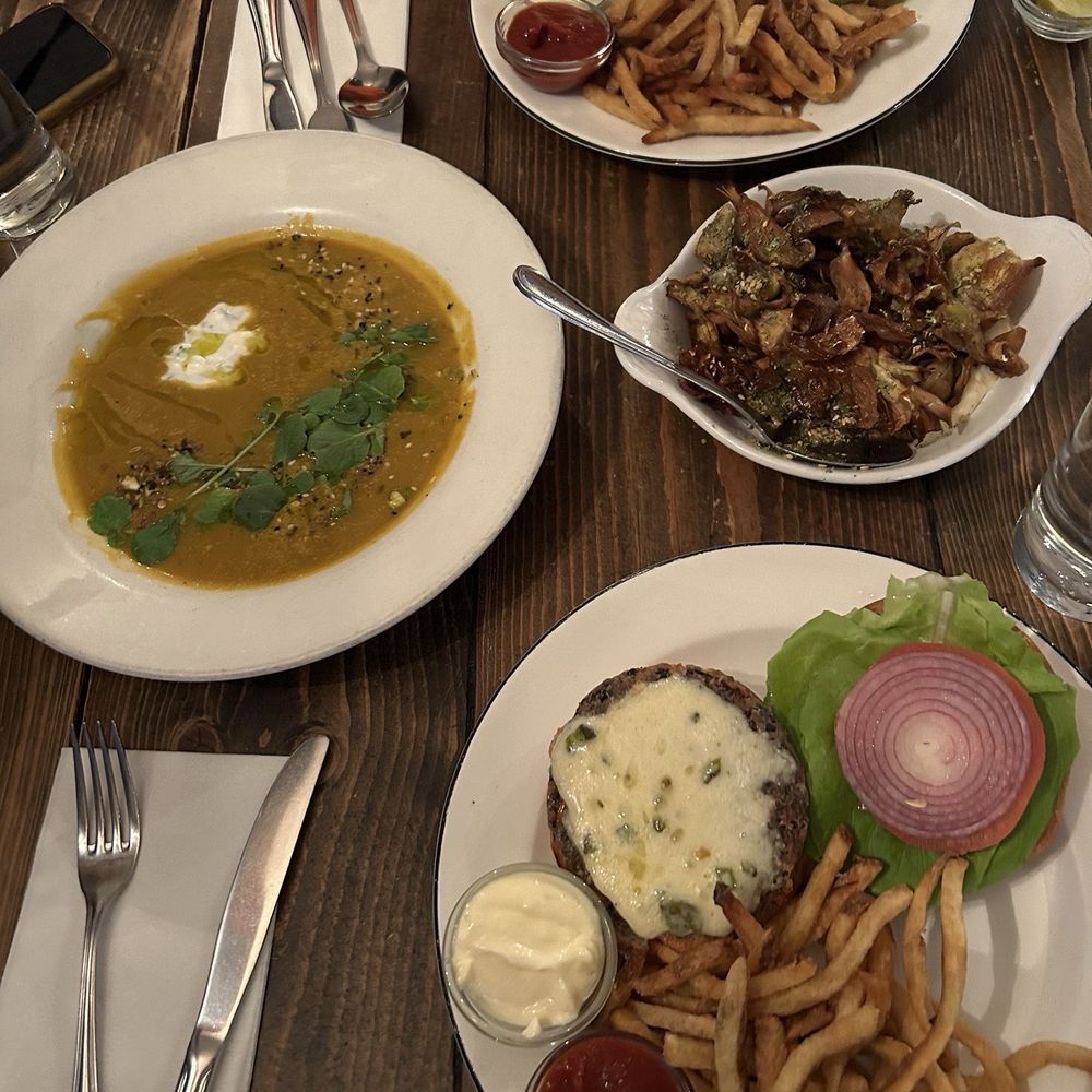 Vegan Roasted squash soup, Vegan fried artichoke hearts, Grass Fed burger and veggie burger. Vegan Roasted squash soup, Vegan fried artichoke hearts, Grass Fed burger and veggie burger.