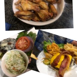 Plain wings with blue cheese, mushroom & Swiss with a die of coleslaw, double burger with bacon and fries. Plain wings with blue cheese, mushroom & Swiss with a die of coleslaw, double burger with bacon and fries.