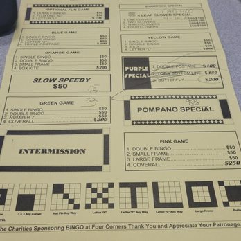 Bingo At Four Corners - Sheets rhey give you to follow along with the prizes. - Bingo Halls Near Me - Pompano Beach, Florida Bingo At Four Corners - Sheets rhey give you to follow along with the prizes. - Bingo Halls Near Me - Pompano Beach, Florida