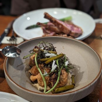 Restaurant Gish - April menu - black truffle potato pureé with fried sweetbreads and pickled garlic scapes (supplement) - New American Near Me - Santa Clara, California