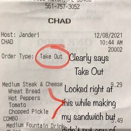 Incompetence 101. Made order for here while looking directly at words "take out" and toppings but didn't put any of them on. Incompetence 101. Made order for here while looking directly at words "take out" and toppings but didn't put any of them on.