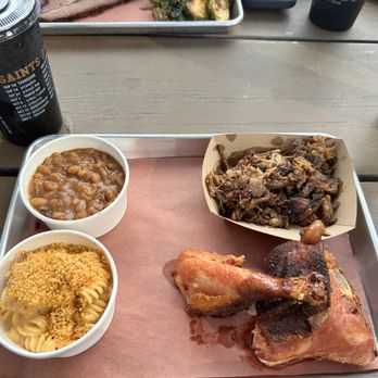 Blue Oak BBQ - Chicken Leg & Thigh Plate w/ Pulled Pork, Roasted Garlic Mac N Cheese and BBQ Beans - Barbeque Near Me - New Orleans, Louisiana Blue Oak BBQ - Chicken Leg & Thigh Plate w/ Pulled Pork, Roasted Garlic Mac N Cheese and BBQ Beans - Barbeque Near Me - New Orleans, Louisiana