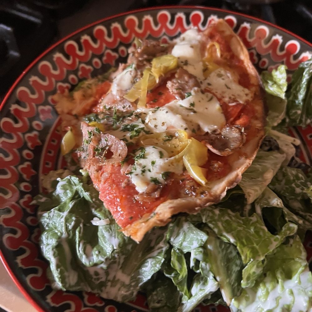 House salad with GF Big Daddy pizza topper. So yum! House salad with GF Big Daddy pizza topper. So yum!