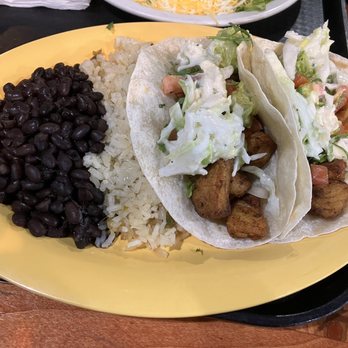 Bajio Mexican Grill - Fish tacos with flour tortillas, sweet onion rice and black beans. - Mexican Near Me - Happy Valley, Oregon Bajio Mexican Grill - Fish tacos with flour tortillas, sweet onion rice and black beans. - Mexican Near Me - Happy Valley, Oregon