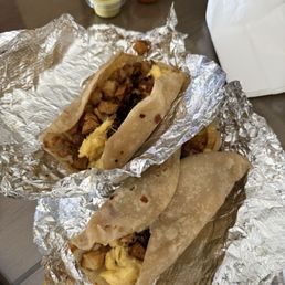 Breakfast tacos: egg, potato bacon Breakfast tacos: egg, potato bacon