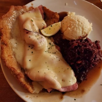 Gustav's - The Pork St. Moritz schnitzel with mashed potatoes and red cabbage - Pubs Near Me - Vancouver, Washington Gustav's - The Pork St. Moritz schnitzel with mashed potatoes and red cabbage - Pubs Near Me - Vancouver, Washington
