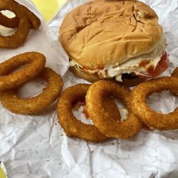 Feltner's Whatta-Burger - Watts cheese burger and onion rings