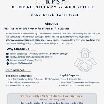 KPS Global Notary & Apostille - Expert in loan signings, escrow/title packages, and real estate documents - accurate, compliant, and stress-free closings. - Notaries Near Me KPS Global Notary & Apostille - Expert in loan signings, escrow/title packages, and real estate documents - accurate, compliant, and stress-free closings. - Notaries Near Me