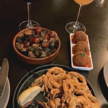 La Marcha Tapas Bar - White and red sangria, Bruselas, Jamon Croqueta and Calamares Fritos. All delicious! - Spanish Near Me - Berkeley, California