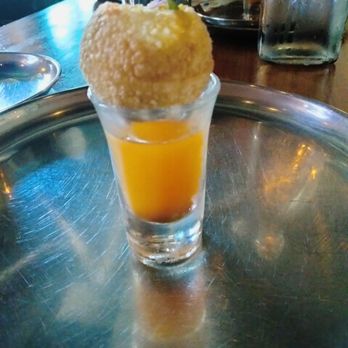 Khan Saab Desi Craft Kitchen - Puff with rice inside with broth in shot glass - Pakistani Near Me - Fullerton, California