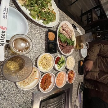 Gilson Korean Restaurant - Banchan, grilled wine-braised pork belly (left), and boneless short rib (right) - Korean Near Me - Edmonds, Washington