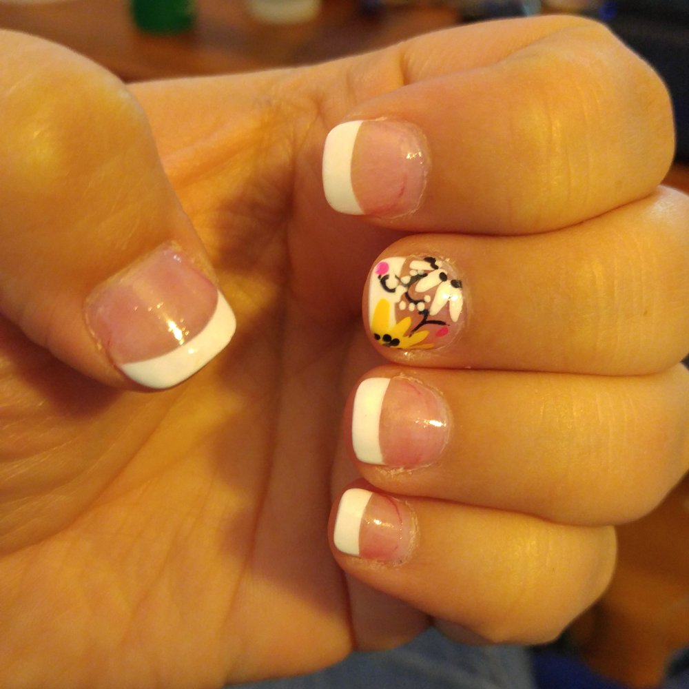Q Nails - French tips with flower. - Nail Salons Near Me - Kansas City, Missouri Q Nails - French tips with flower. - Nail Salons Near Me - Kansas City, Missouri