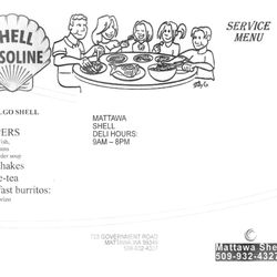 Mattawa Shell - Front of Mattawa Shell's menu with hours and contact information.