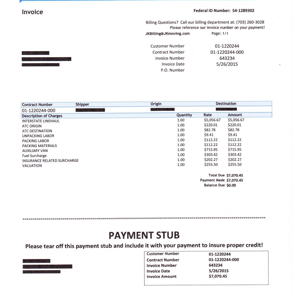 JK Moving Services - This was our final invoice. As you can see the price raised by almost 30% from the estimate (after they acquired our property). - Movers Near Me - Sterling, Virginia JK Moving Services - This was our final invoice. As you can see the price raised by almost 30% from the estimate (after they acquired our property). - Movers Near Me - Sterling, Virginia