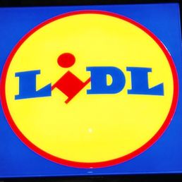 This is the Lidl logo at the entrance to the building.