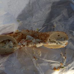 Onion Flagel w/ low fat Scallion and vegetable cream cheese. Onion Flagel w/ low fat Scallion and vegetable cream cheese.
