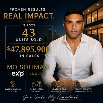 Mo Soliman - Exp Realty - Mo Soliman | eXp Luxury
43 Homes Sold *
$47,895,900 Closed in 2025
Helping Los Angeles homeowners maximize their home's value - Real Estate Agents Near Me - Los Angeles, California Mo Soliman - Exp Realty - Mo Soliman | eXp Luxury
43 Homes Sold *
$47,895,900 Closed in 2025
Helping Los Angeles homeowners maximize their home's value - Real Estate Agents Near Me - Los Angeles, California