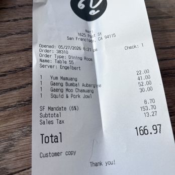 Nari - We'll remember the waiter from the receipt--and hope not to have him again. - Thai Near Me - San Francisco, California Nari - We'll remember the waiter from the receipt--and hope not to have him again. - Thai Near Me - San Francisco, California