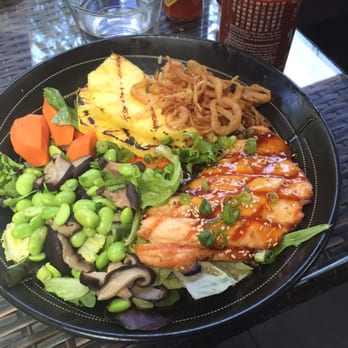 Pacific Catch - Hawaiian Teriyaki bowl with grilled salmon, grilled pineapple, shiitake mushrooms, edamame, and teriyaki glazed carrots. - Seafood Near Me - Campbell, California