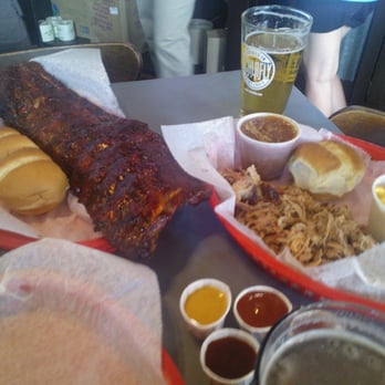 Central BBQ - Ribs half and half, pulled pork and a half a sausage link. Oh and a few beers too. - Barbeque Near Me - Memphis, Tennessee Central BBQ - Ribs half and half, pulled pork and a half a sausage link. Oh and a few beers too. - Barbeque Near Me - Memphis, Tennessee