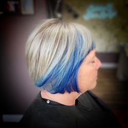 Sabrina Q Hair Lounge - Love this fun blue pop to make her bob have a dash of funky and I love how much she loves it!