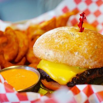 The Filling Station - The Thunderbird, a classic cheeseburger and Tire Treads (curly fries.) - American Near Me - Bellingham, Washington