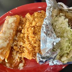 Speedy Gonzales lunch special with chicken enchilada and birria taco and rice