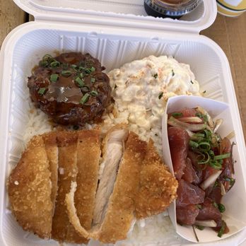 Kahai Street Kitchen - Special of the day (tonkatsu, Hamburger Steak and ahi poke) with rice and a side (potato-Mac) - Salad Near Me - Honolulu, Hawaii Kahai Street Kitchen - Special of the day (tonkatsu, Hamburger Steak and ahi poke) with rice and a side (potato-Mac) - Salad Near Me - Honolulu, Hawaii