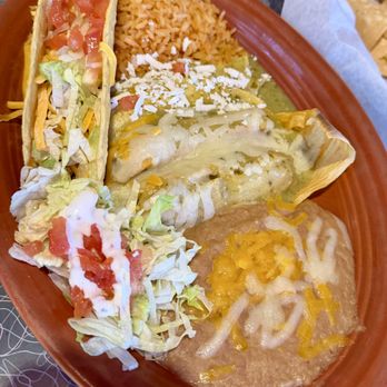 El Norte Mexican Grill - Oversized Crunchy taco, Green Enchilada, and Pork Tamal. - Mexican Near Me - Plano, Texas