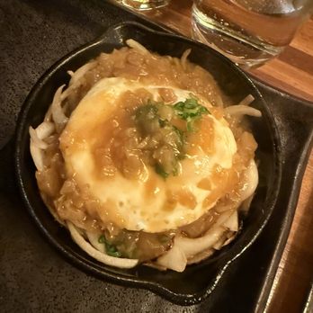 Omakase Kyara Sake Bar - Wagyu beef patty with onion and egg - Japanese Near Me - Las Vegas, Nevada Omakase Kyara Sake Bar - Wagyu beef patty with onion and egg - Japanese Near Me - Las Vegas, Nevada