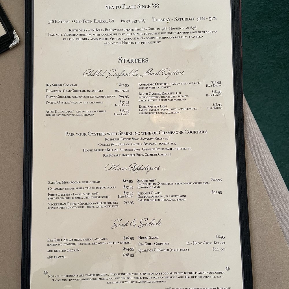Eureka Sea Grill - Front of menu June 20, 2025 - Seafood Near Me - Eureka, California Eureka Sea Grill - Front of menu June 20, 2025 - Seafood Near Me - Eureka, California