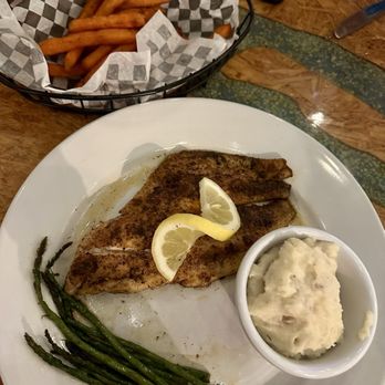 Pier House - Blackened Trigger Fish, asparagus, mashed potatoes, fried sweet potatoes. - Seafood Near Me - Spanish Fort, Alabama Pier House - Blackened Trigger Fish, asparagus, mashed potatoes, fried sweet potatoes. - Seafood Near Me - Spanish Fort, Alabama