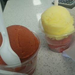 Yuki's And More - Delicious sorbet: pineapple/strawberry and chamoy/strawberry.