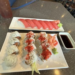 Tuna Nigiri, Spicy Shrimp Roll, Spicy Tuna Roll Tuna Nigiri, Spicy Shrimp Roll, Spicy Tuna Roll