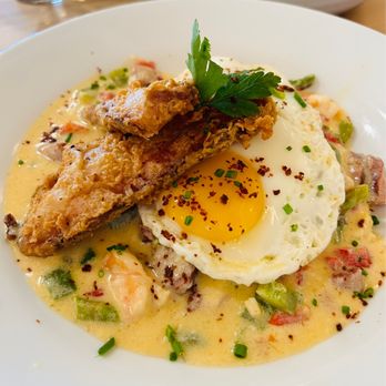 Greer Southern Table - Chicken Fried bacon over shrimp grits with over easy egg. - Southern Near Me - Norwalk, Connecticut