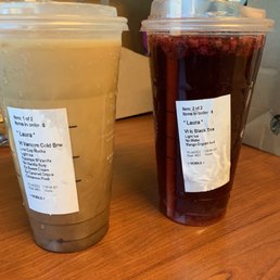 Cold brew with cinnamon sweet cream mocha & caramel drizzle & black tea w/ dragon fruit Cold brew with cinnamon sweet cream mocha & caramel drizzle & black tea w/ dragon fruit