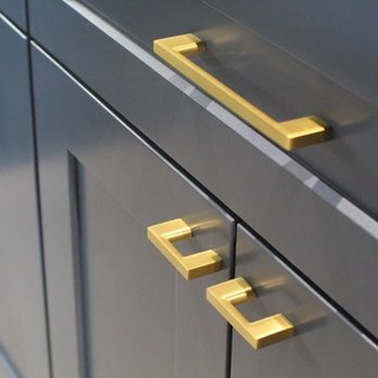 Torossian - Brushed gold cabinet hardware pops on the blue paint. - General Contractors Near Me - Los Angeles, California Torossian - Brushed gold cabinet hardware pops on the blue paint. - General Contractors Near Me - Los Angeles, California