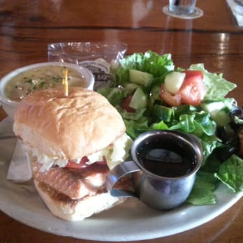 Train Wreck Bar - Lunch Break. Salmon sandwich with clam chowder and salad - Sports Bars Near Me - Burlington, Washington Train Wreck Bar - Lunch Break. Salmon sandwich with clam chowder and salad - Sports Bars Near Me - Burlington, Washington