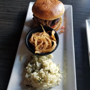 Sopapilla's - Brisket Burger. Sring onions on the side and rice - Mexican Near Me - Franklin, Tennessee Sopapilla's - Brisket Burger. Sring onions on the side and rice - Mexican Near Me - Franklin, Tennessee