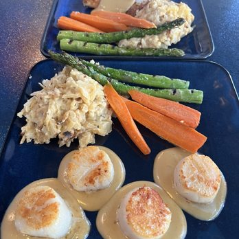 Trestles Coastal Cuisine - Our meal Seared Sea Scallops* and fish for the hubby. - Seafood Near Me - Castle Rock, Colorado Trestles Coastal Cuisine - Our meal Seared Sea Scallops* and fish for the hubby. - Seafood Near Me - Castle Rock, Colorado