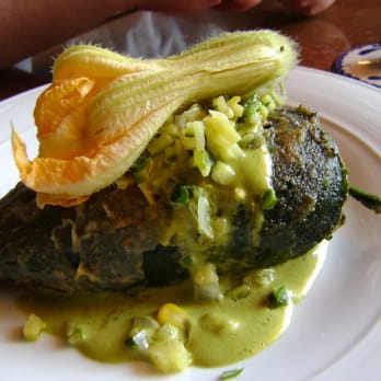 Hugo's - Chile Relleno de Flor de Calabaza (poblano pepper stuffed with squash blossoms, Chihuahua cheese,squash and corn) - Mexican Near Me - Houston, Texas
