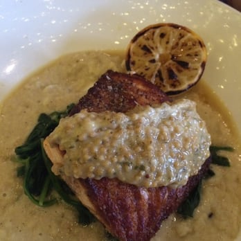 Bar Siena - Salmon... Whoever cooked this knows what they're doing.  Crispy exterior while med pink in middle.  Mustard was too much but fish is perfect - Italian Near Me - Chicago, Illinois