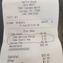 This is them charging me $5 for to go orders. Never again. This is them charging me $5 for to go orders. Never again.