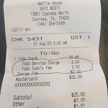 Waffle House - Cypress - This is them charging me $5 for to go orders. Never again. - Diners Near Me - Cypress, Texas Waffle House - Cypress - This is them charging me $5 for to go orders. Never again. - Diners Near Me - Cypress, Texas