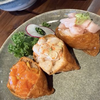 Sushi Kyo - Salmon Inari, Yellowtail Inari, Bay Scallop Inari - Japanese Near Me - Monrovia, California Sushi Kyo - Salmon Inari, Yellowtail Inari, Bay Scallop Inari - Japanese Near Me - Monrovia, California