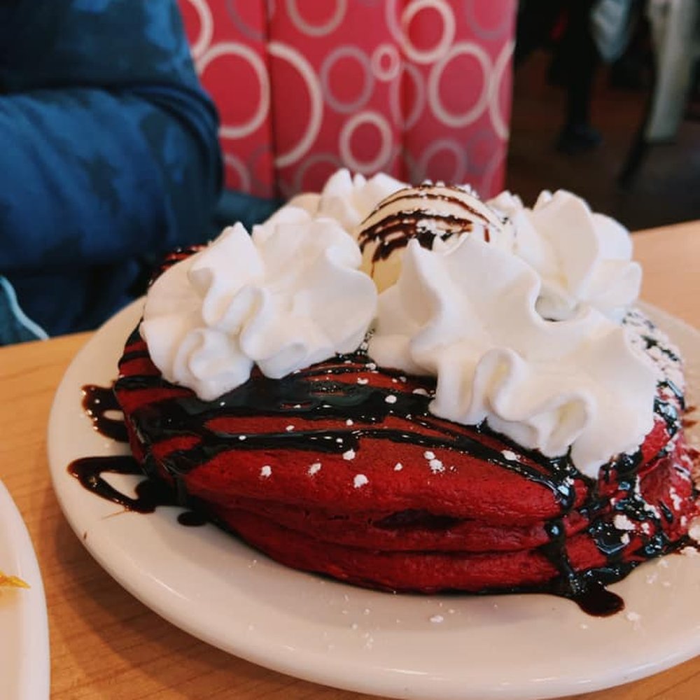 Stacked - Red Velvet Pancakes, usually only available in your dreams... drool.... - Breakfast & Brunch Near Me - Oak Lawn, Illinois Stacked - Red Velvet Pancakes, usually only available in your dreams... drool.... - Breakfast & Brunch Near Me - Oak Lawn, Illinois