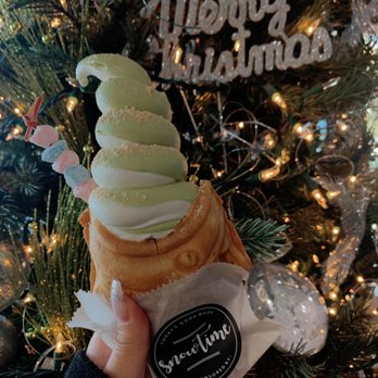 Snowtime - Vanilla x Matcha Ice Cream in Fish Cone filled with Red Beans. Topped with Mochi Stick and Golden Dust. - Coffee & Tea Near Me - Chandler, Arizona Snowtime - Vanilla x Matcha Ice Cream in Fish Cone filled with Red Beans. Topped with Mochi Stick and Golden Dust. - Coffee & Tea Near Me - Chandler, Arizona